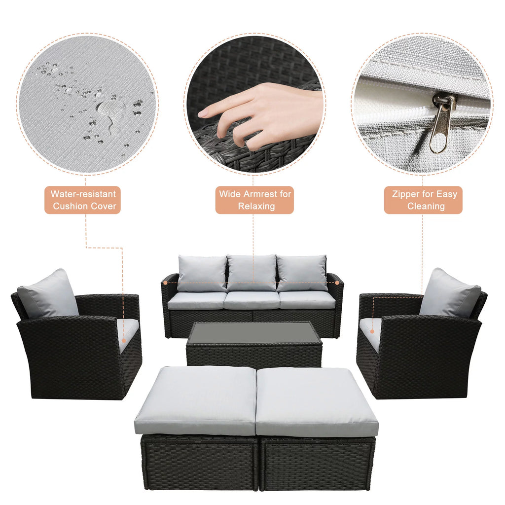 8 Pcs Wicker Patio Furniture Set with Coffee Table and Ottomans O922975