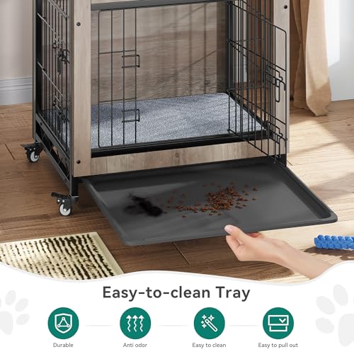 Gray Dog Crate Furniture with Cushion and Wheels B5595