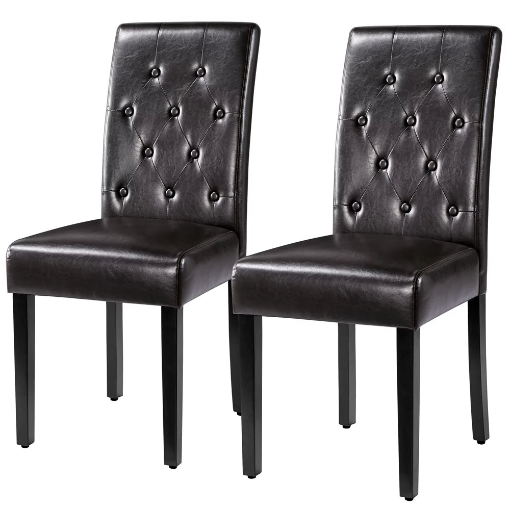 2pcs Tufted Padded Faux Leather Dining Chair with Solid Wood Legs, Brown J96946