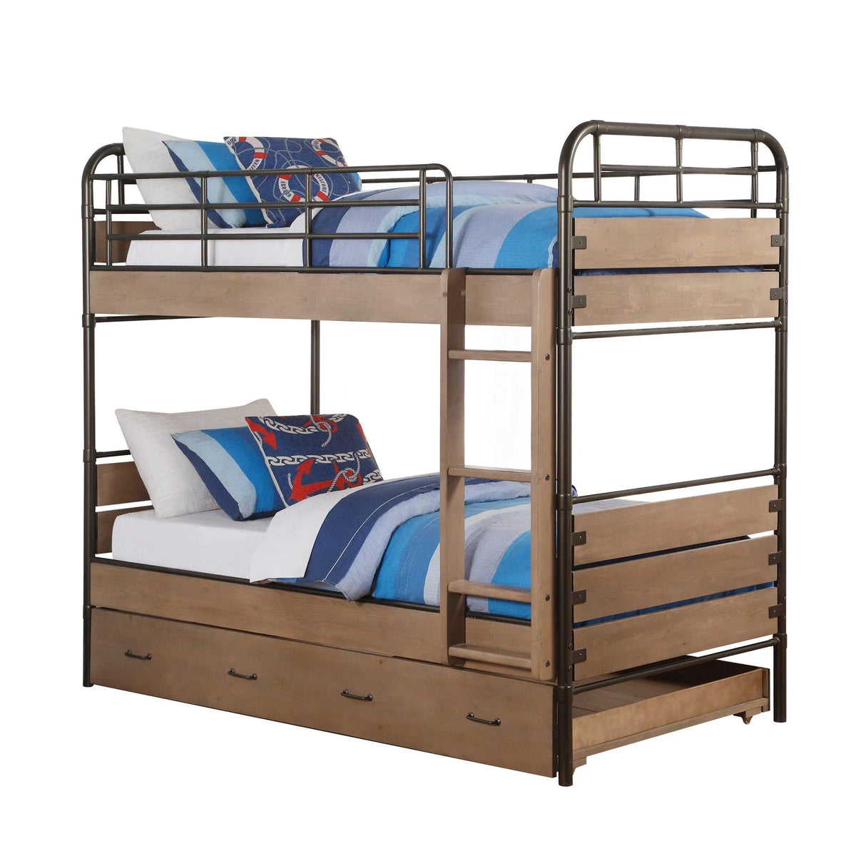 Antique Oak & Gunmetal Twin Bunk Bed & Trundle L94343