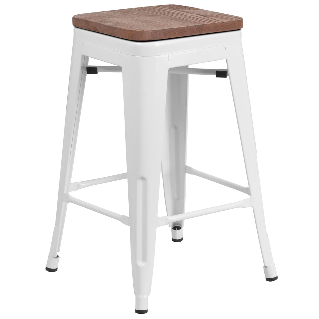 White Metal Counter Height Dining Stool with Wooden Seat K76150