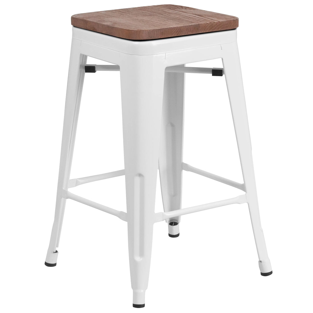 White Metal Counter Height Dining Stool with Wooden Seat K76150