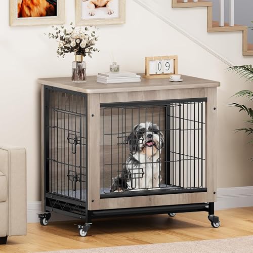 Gray Dog Crate Furniture with Cushion and Wheels B5595
