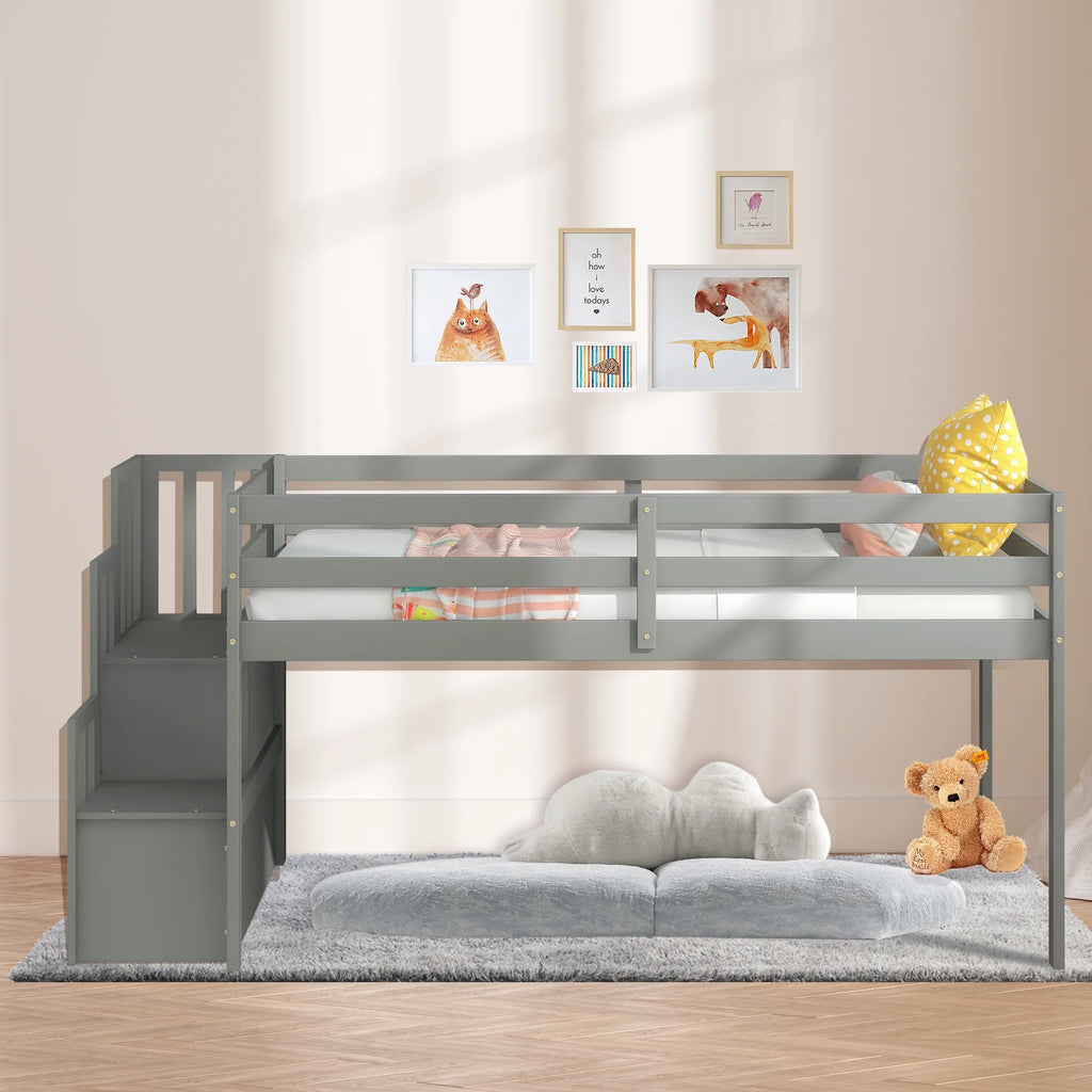 Gray Wood Low Loft Bed Frame with Storage and Stairs U876382