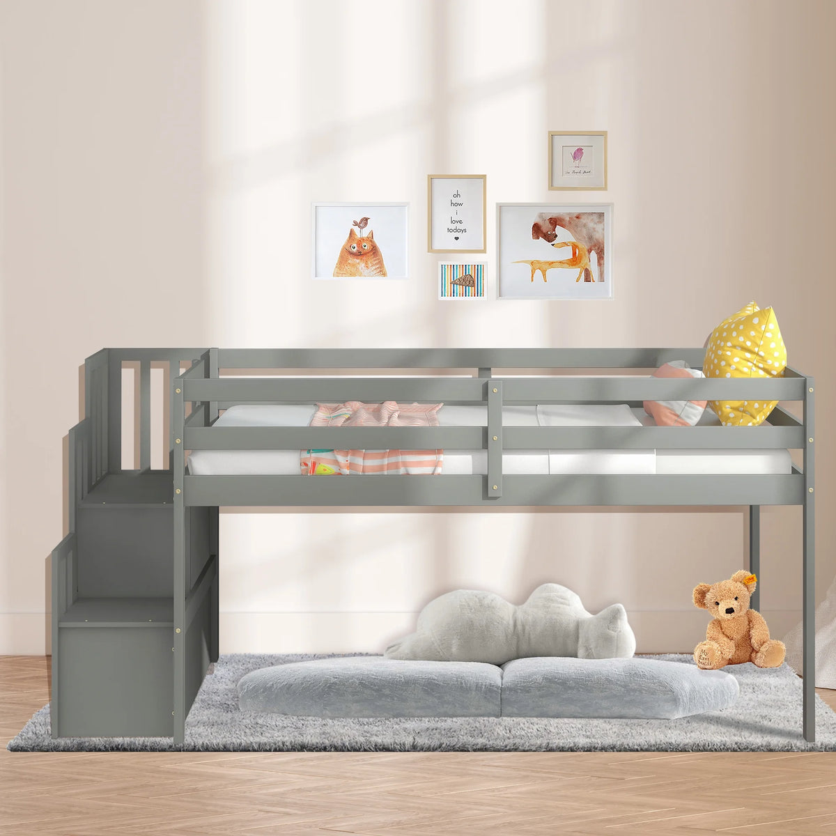 Gray Wood Low Loft Bed Frame with Storage and Stairs U876382