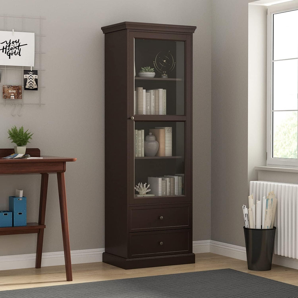 3-Tier Tall Wooden Bookcase Storage Cabinet with Glass Door & 2 Drawers F52063