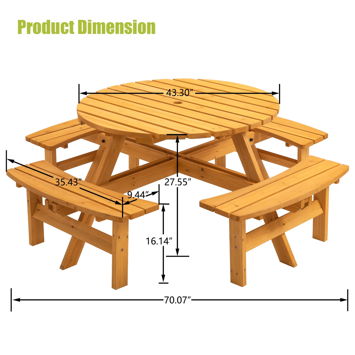 8-Person Wooden Picnic Table with 4 Built-in Benches Z36038