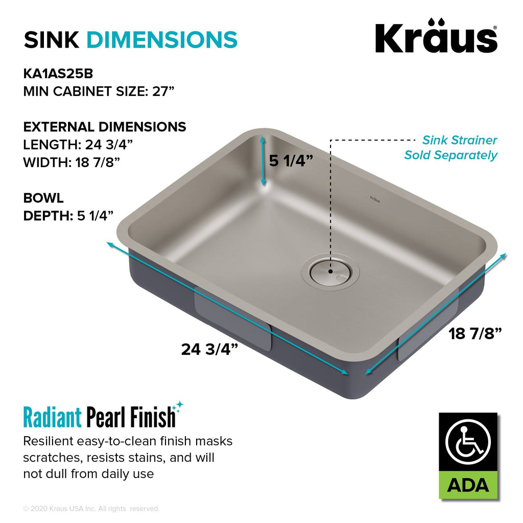 25 in. 16 Gauge Undermount Stainless Steel Single Bowl Kitchen Sink I890