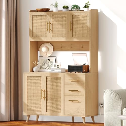 70.9" Rattan Kitchen Pantry Cabinet with Microwave Shelf P315