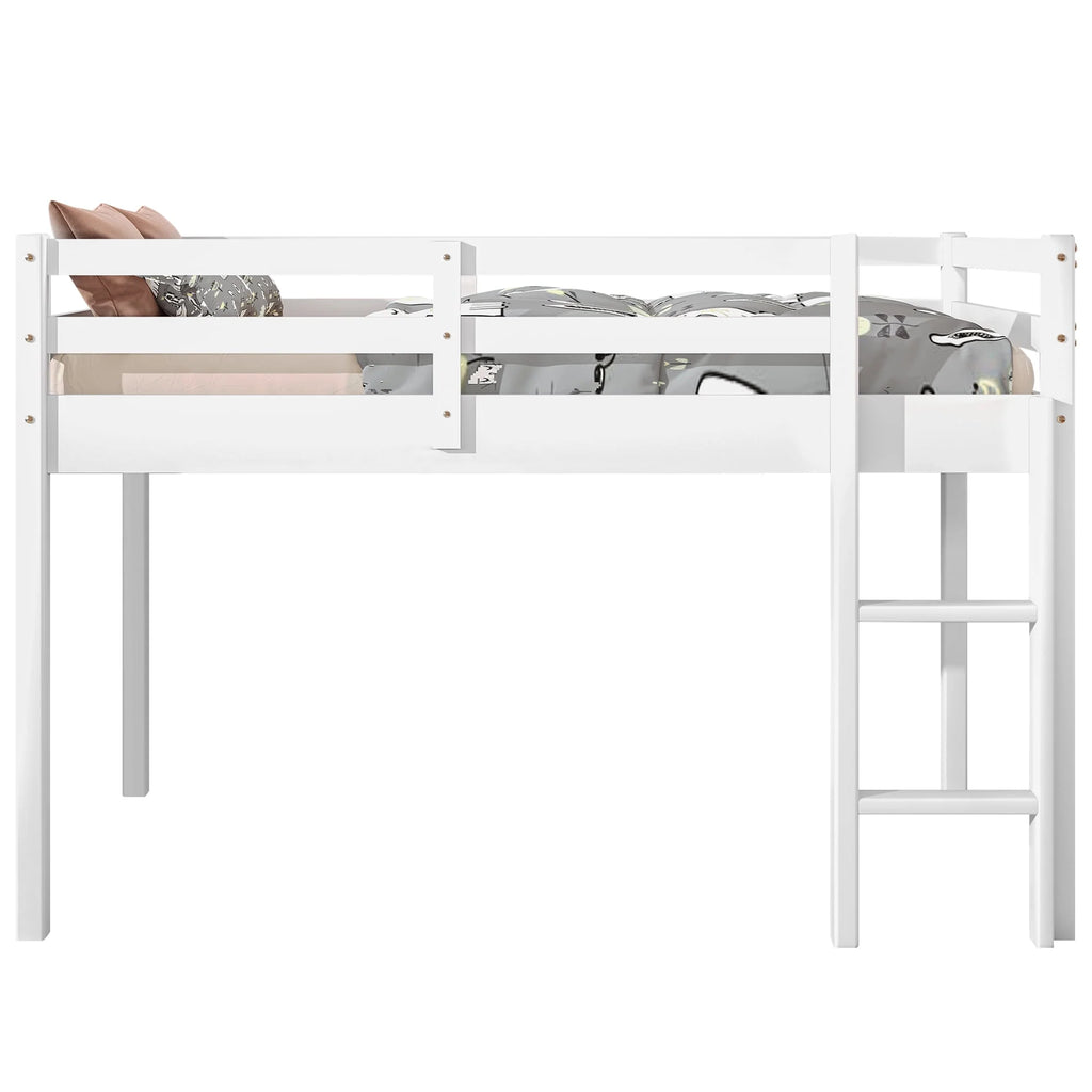 White Twin Size Solid Wood Loft Bed with 14 Wooden Slats I34135