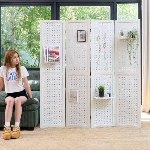 Freestanding Folding 4-Panel Pegboard Privacy Screen Q7732