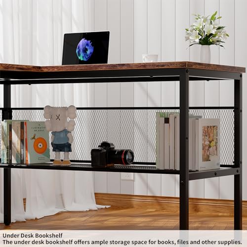 Black Oak L Shaped Computer Desk with Power Outlets and LED Light A704325