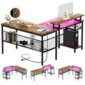 Black Oak L Shaped Computer Desk with Power Outlets and LED Light A704325