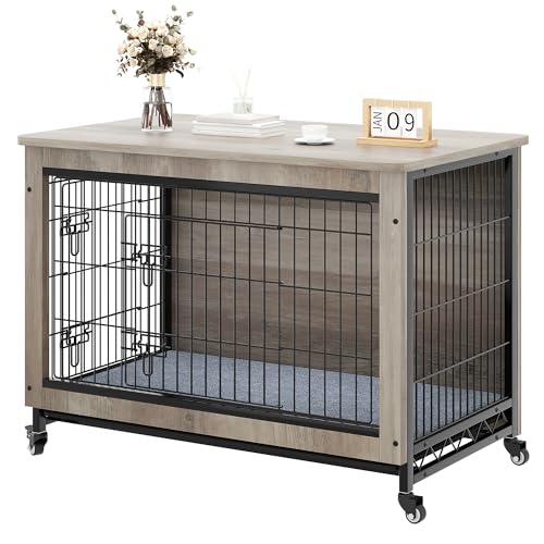 Gray Dog Crate Furniture with Cushion and Wheels B5595