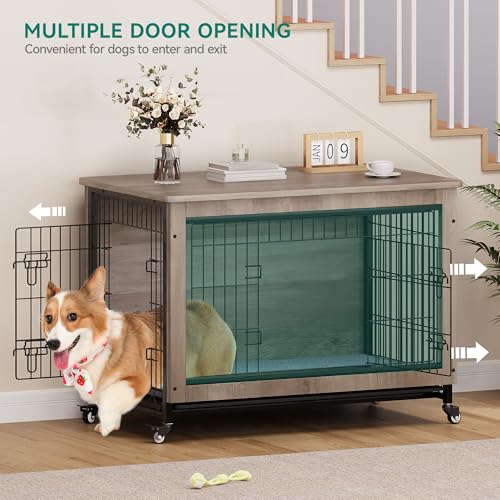 Gray Dog Crate Furniture with Cushion and Wheels B5595