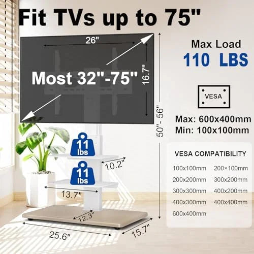 White Height Adjustable Swivel TV Floor Stand for 32-75 inch TVs S90910