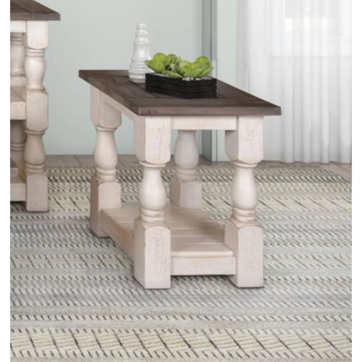 Cottage White and Brown Rectangular Wood End Table G69661