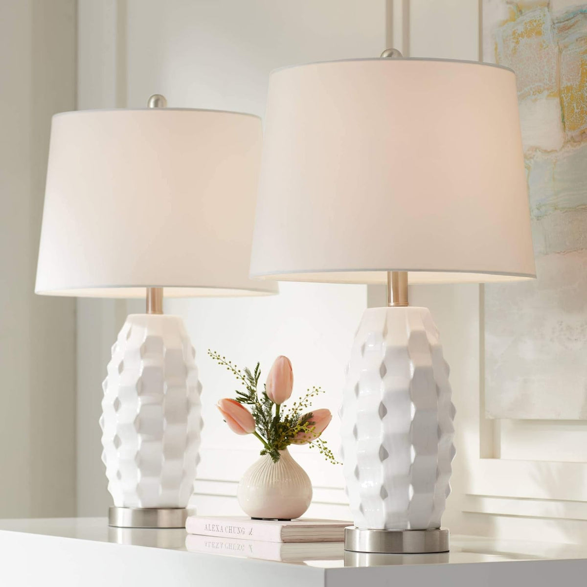 White Ceramic LED Table Lamps Set of 2 B69633