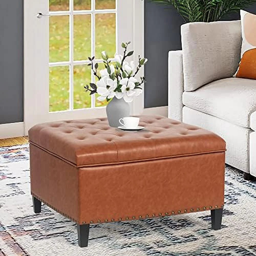 Orange Upholstered Tufted Ottoman Bench with Wood Legs P6068