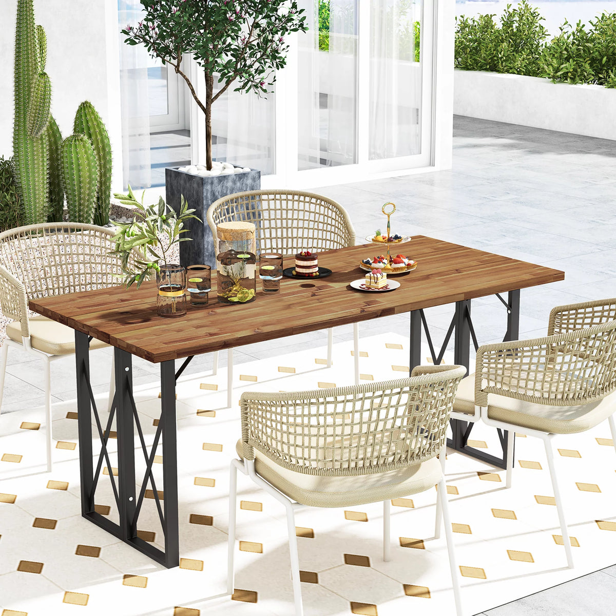 67'' Acacia Wood Patio Dining Table with Umbrella Hole X267955