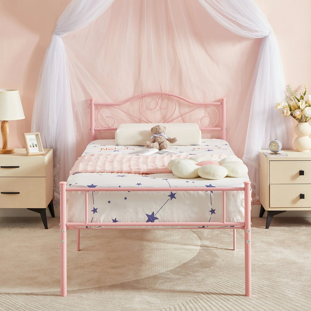 Set of 2 Twin Size White Metal Platform Bed Frame with Headboard W40442
