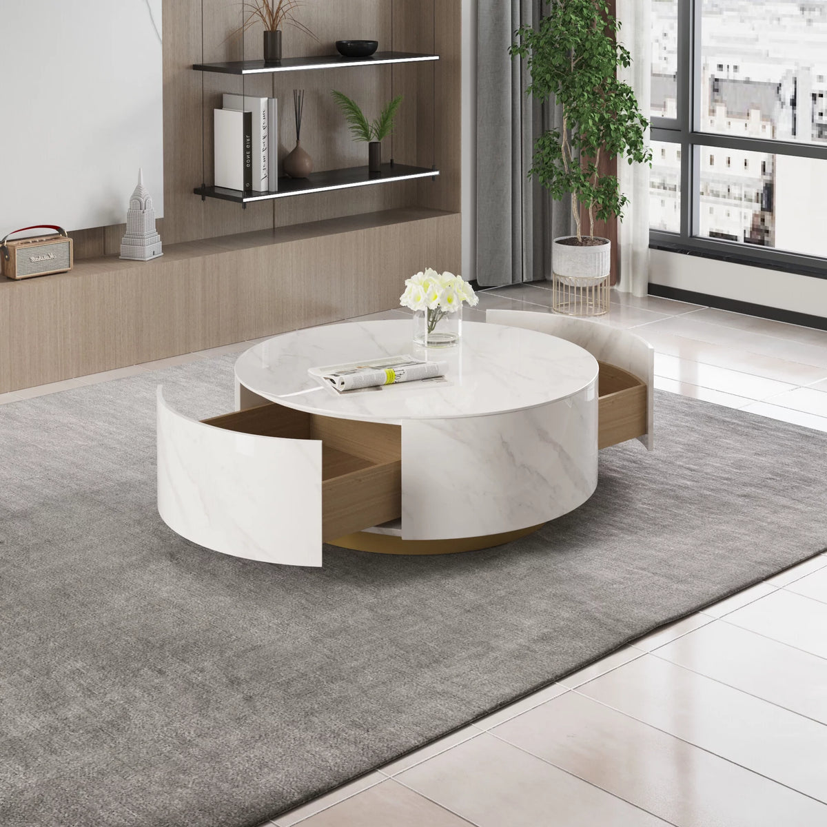 White Round Coffee Table with Two Drawers S24585