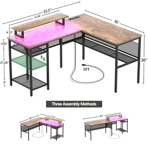 Black Oak L Shaped Computer Desk with Power Outlets and LED Light A704325