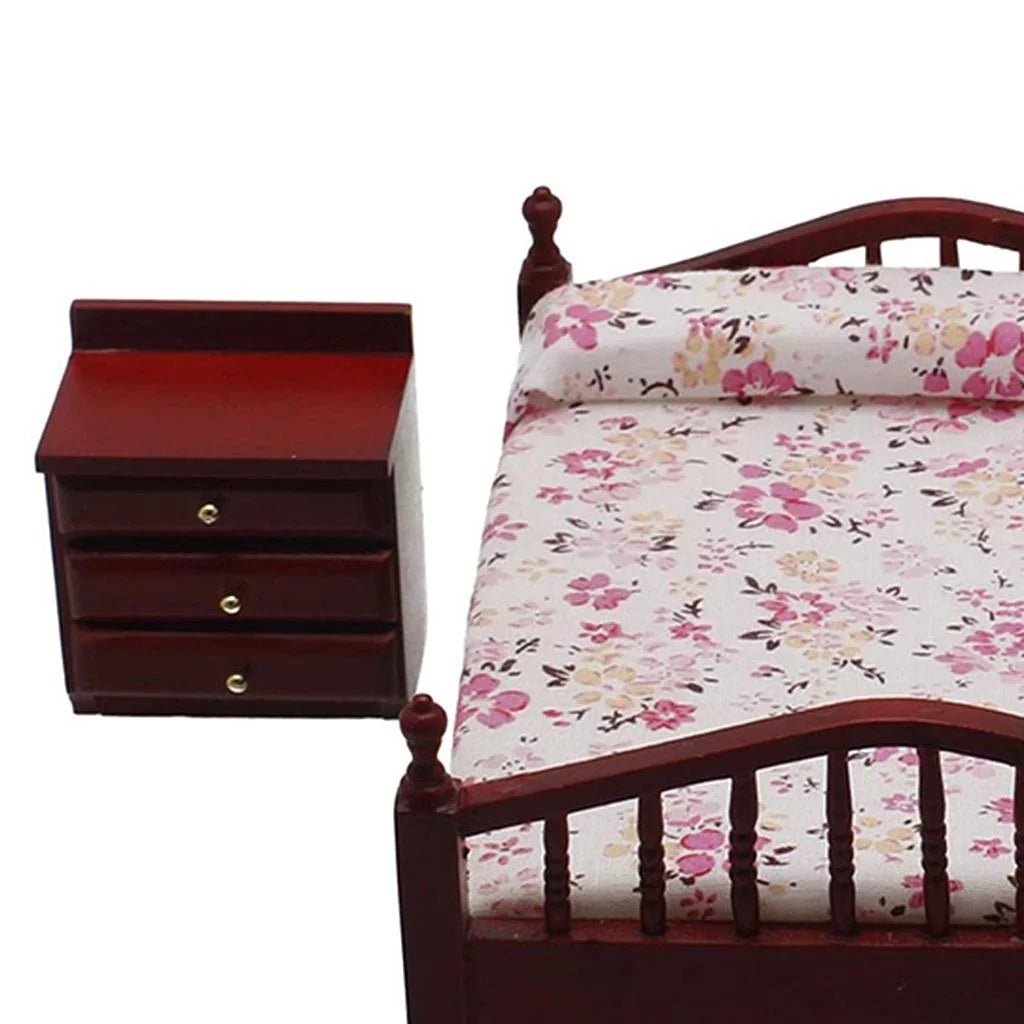 1/12 Scale Miniature Dollhouse Furniture Bed Night Table Brown Set H749