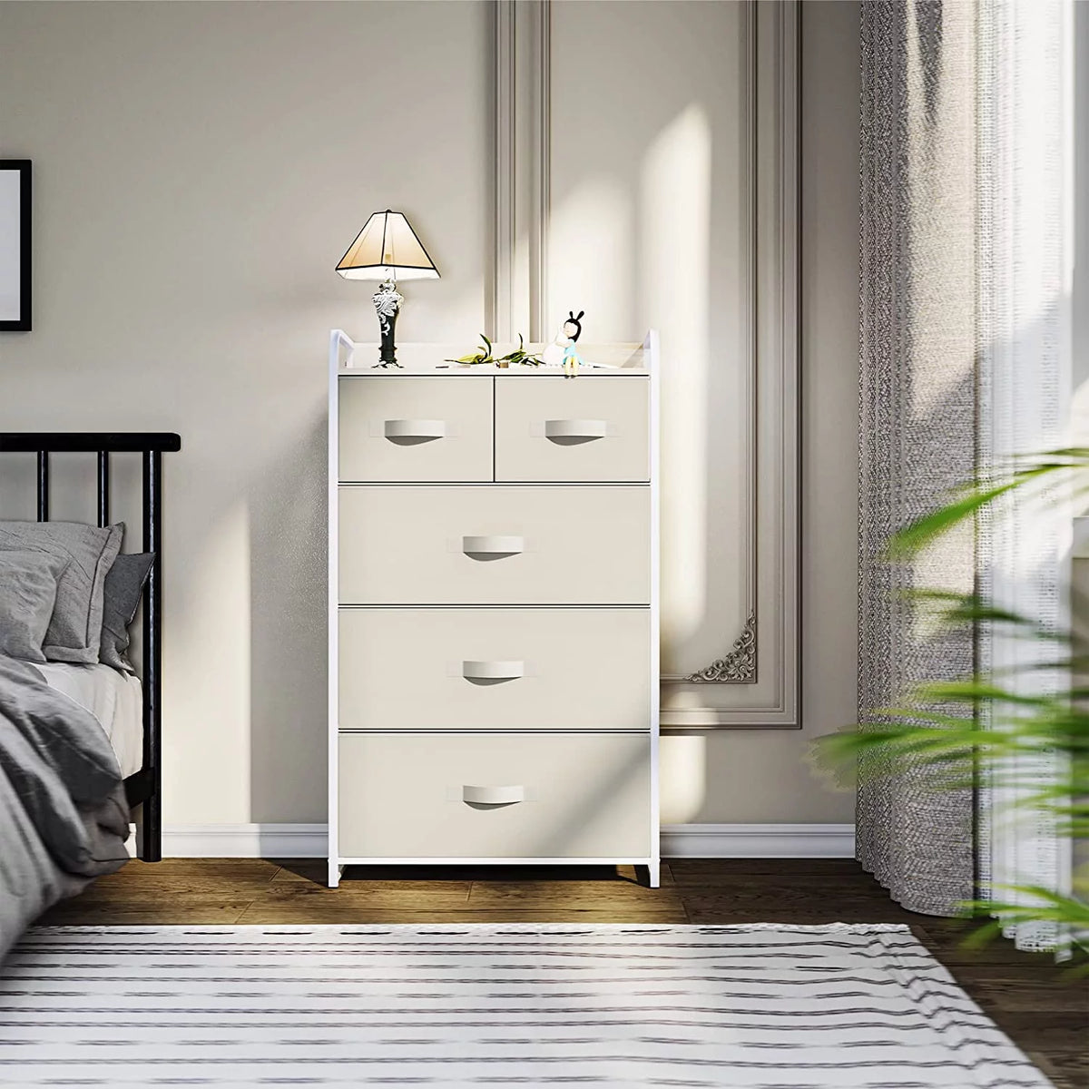 Cream White 5 Drawer Fabric Dresser F4579