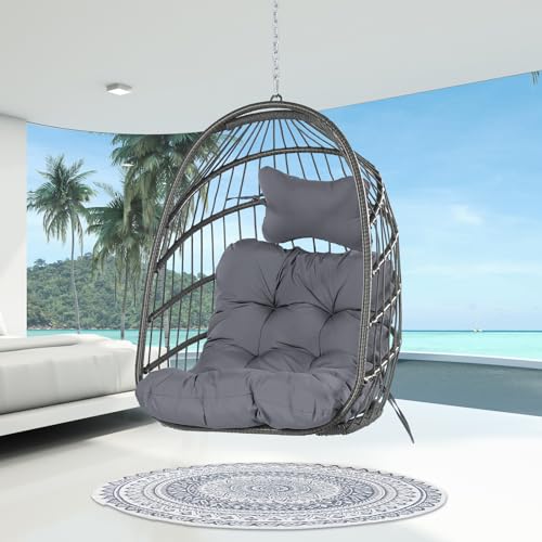 Egg Chair with Cushions, 350lbs Capacity Wicker Hanging Chair, Gray H54434