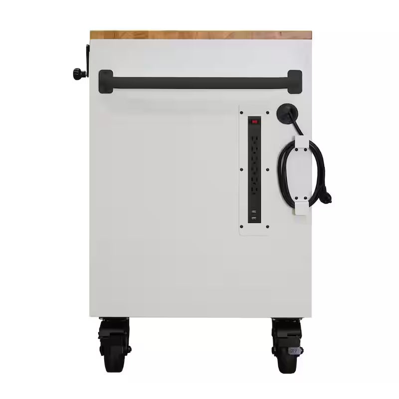 72 in. Heavy Duty Matte White Mobile Workbench Cabinet with Wood Top E5438