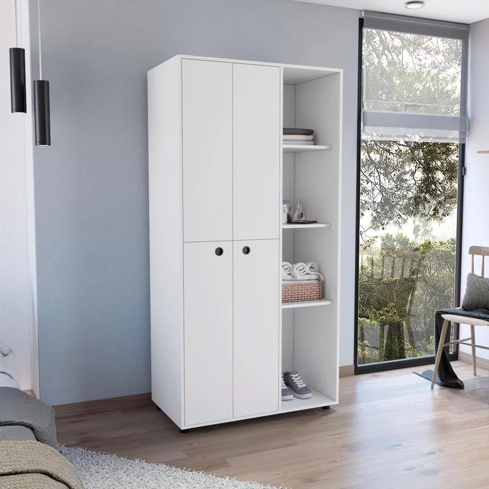 White 2-Door Armoire with Drawer and 4 Open Shelves A72395