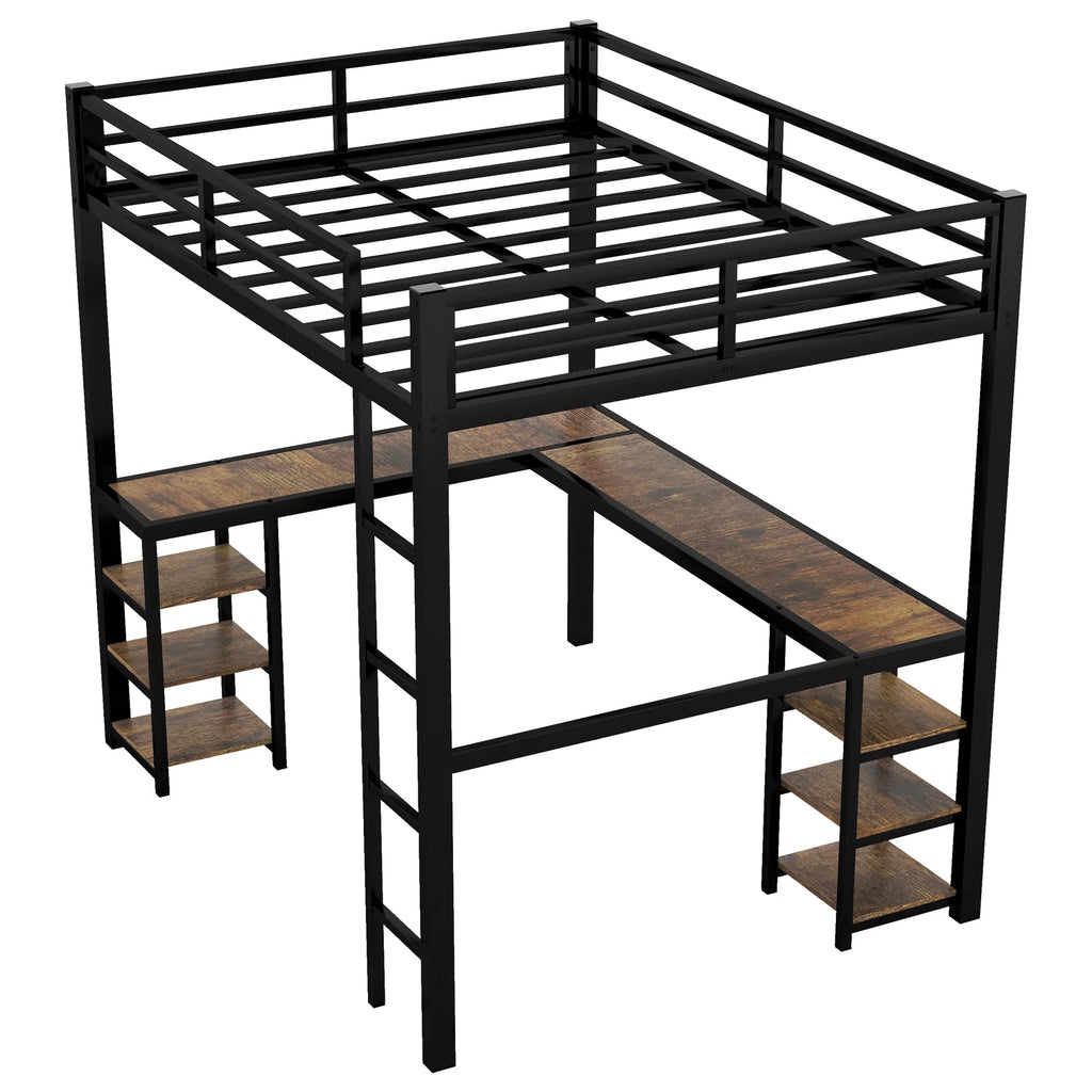 Full Size Black Metal Loft Bed with Desk and Shelves A60366
