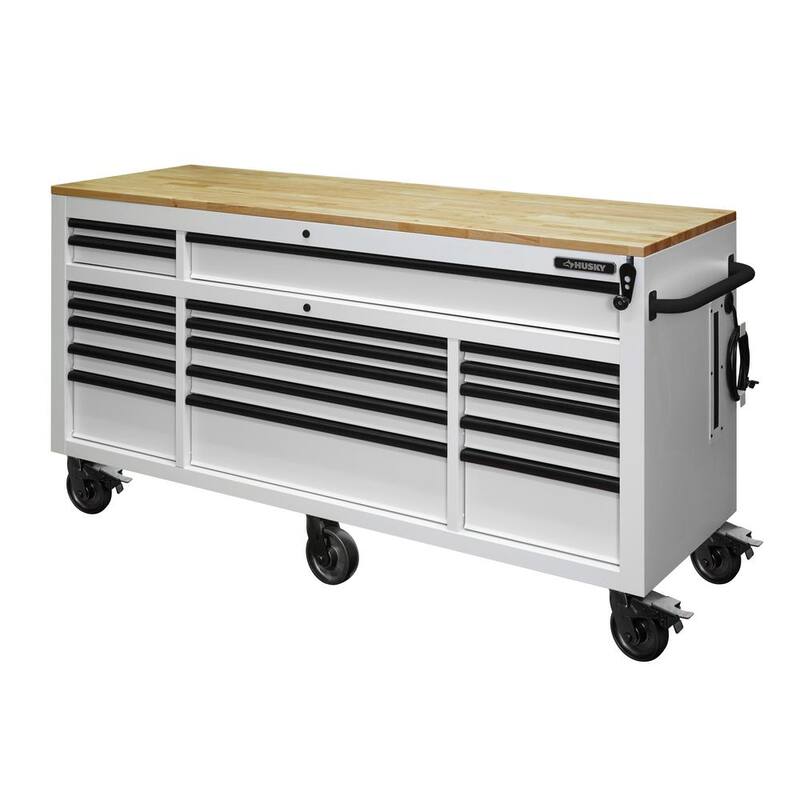 72 in. Heavy Duty Matte White Mobile Workbench Cabinet with Wood Top E5438