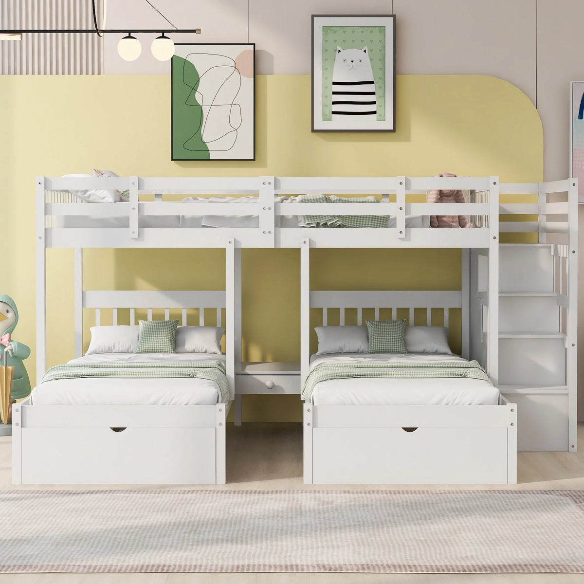 White Wood Triple Bunk Bed with Guardrails T749020