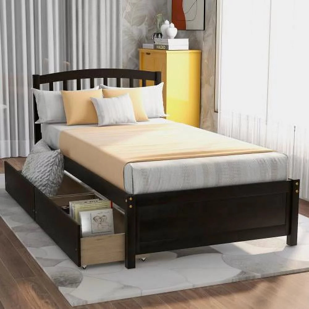 Black Twin Wood Storage Bed Frame with 2 Drawers and Headboard O45161