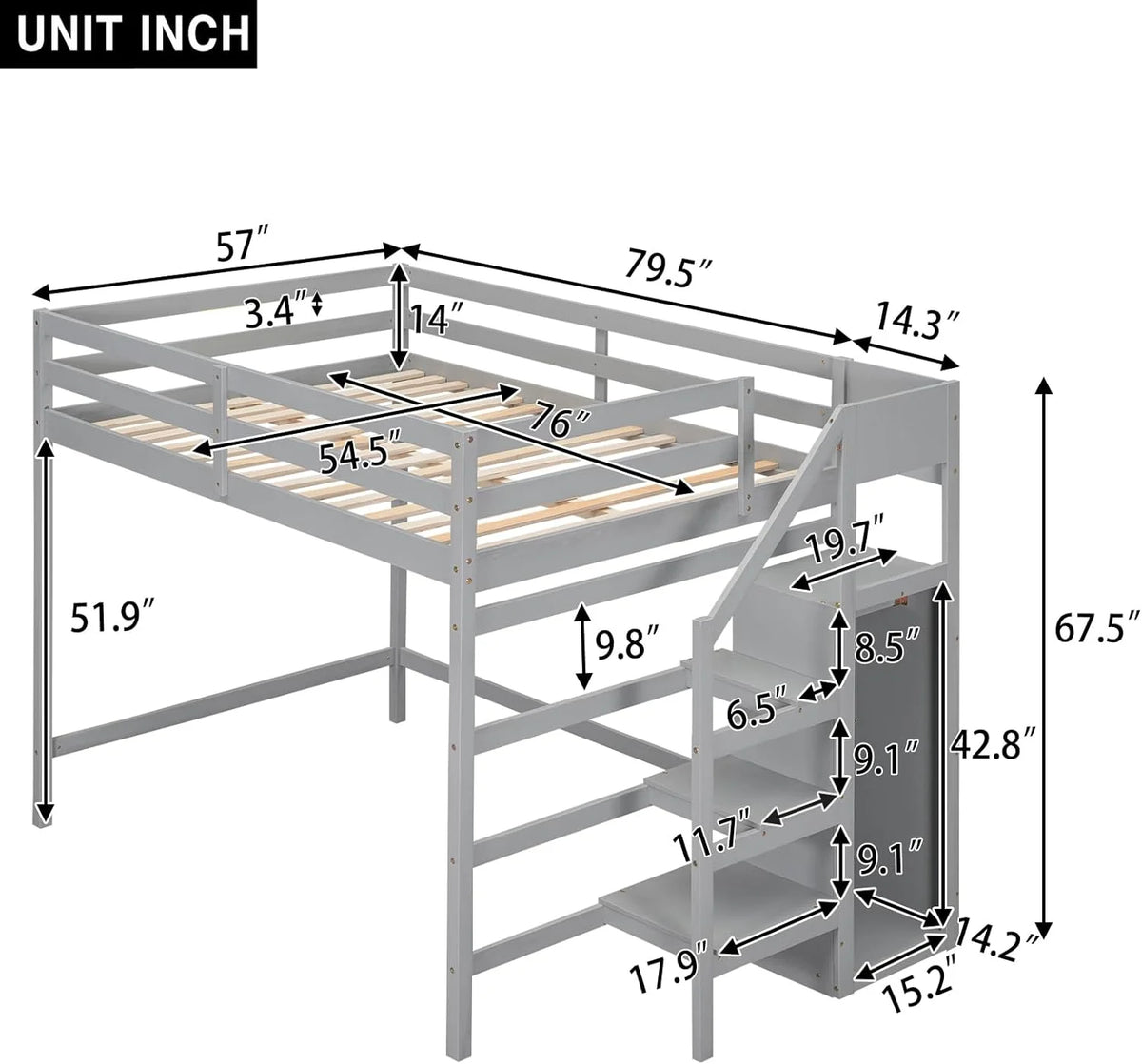 Full Size Wood Loft Bed with Storage Staircase and Wardrobe Grey T70863