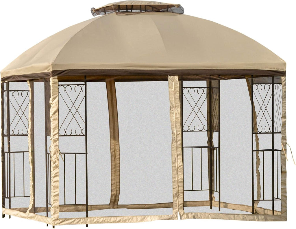10' x 10' Beige Outdoor Patio Gazebo Canopy with Mesh Netting H408003