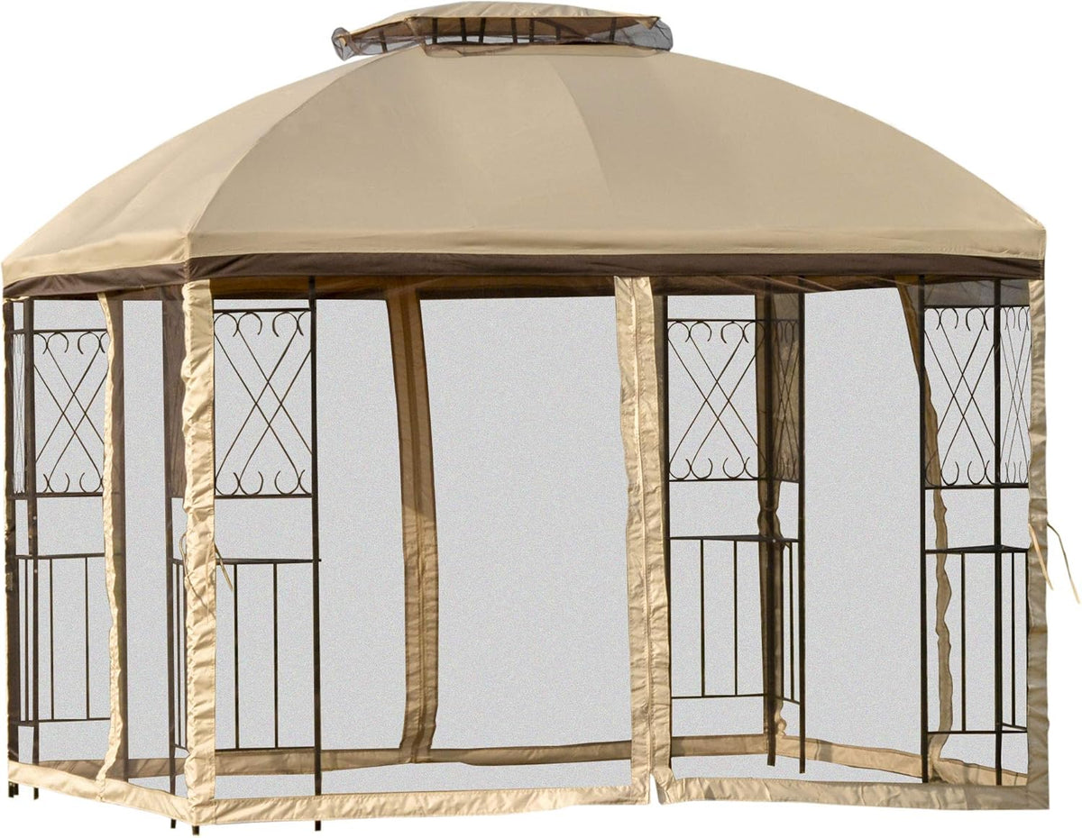10' x 10' Beige Outdoor Patio Gazebo Canopy with Mesh Netting H408003