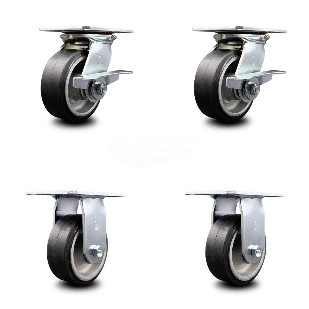 Heavy Duty Rubber on Aluminum Swivel Caster Set of 4 with 5 x 2 Black Wheels B575600