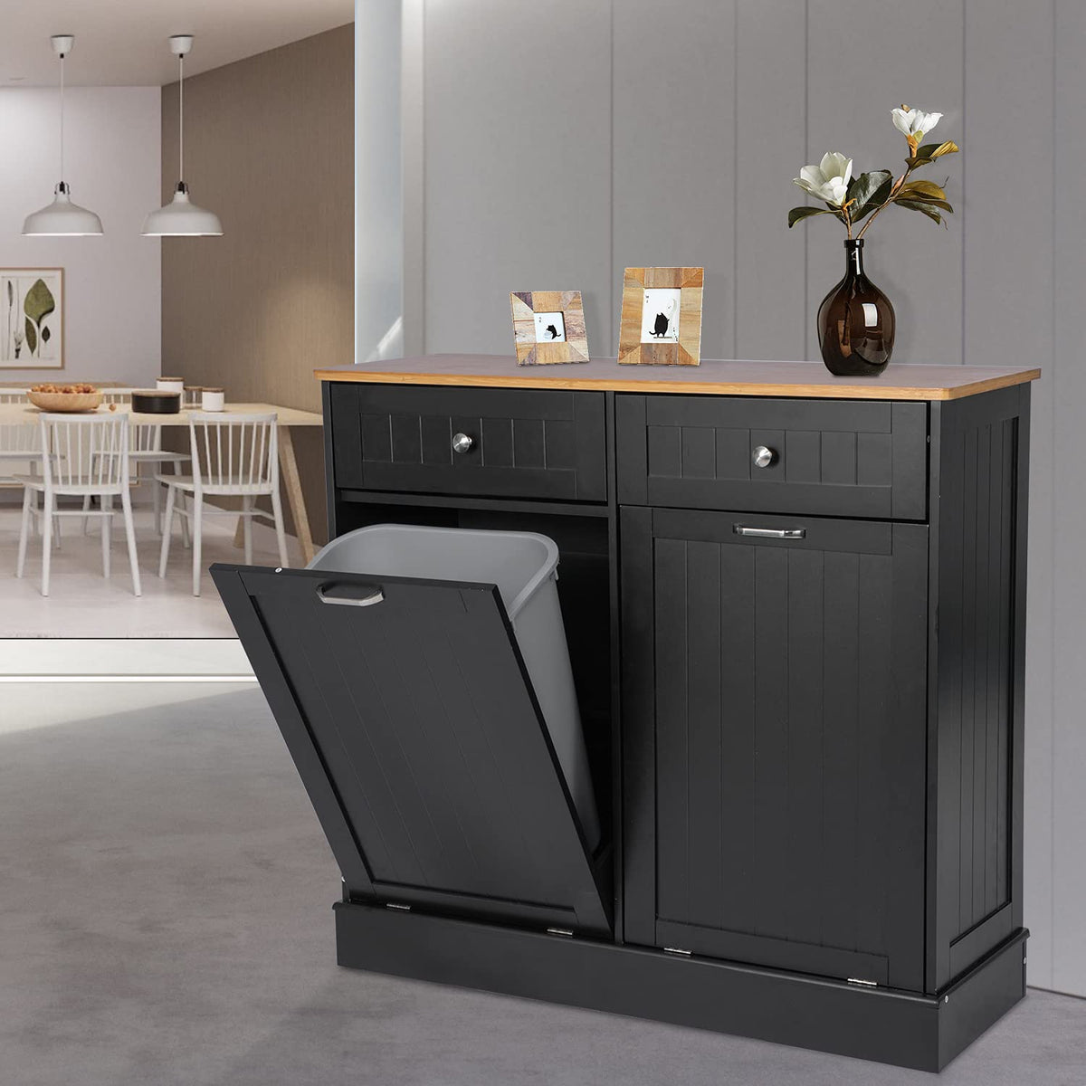 Double Tilt Out Kitchen Trash Cabinet with Two Wood Drawers S3951