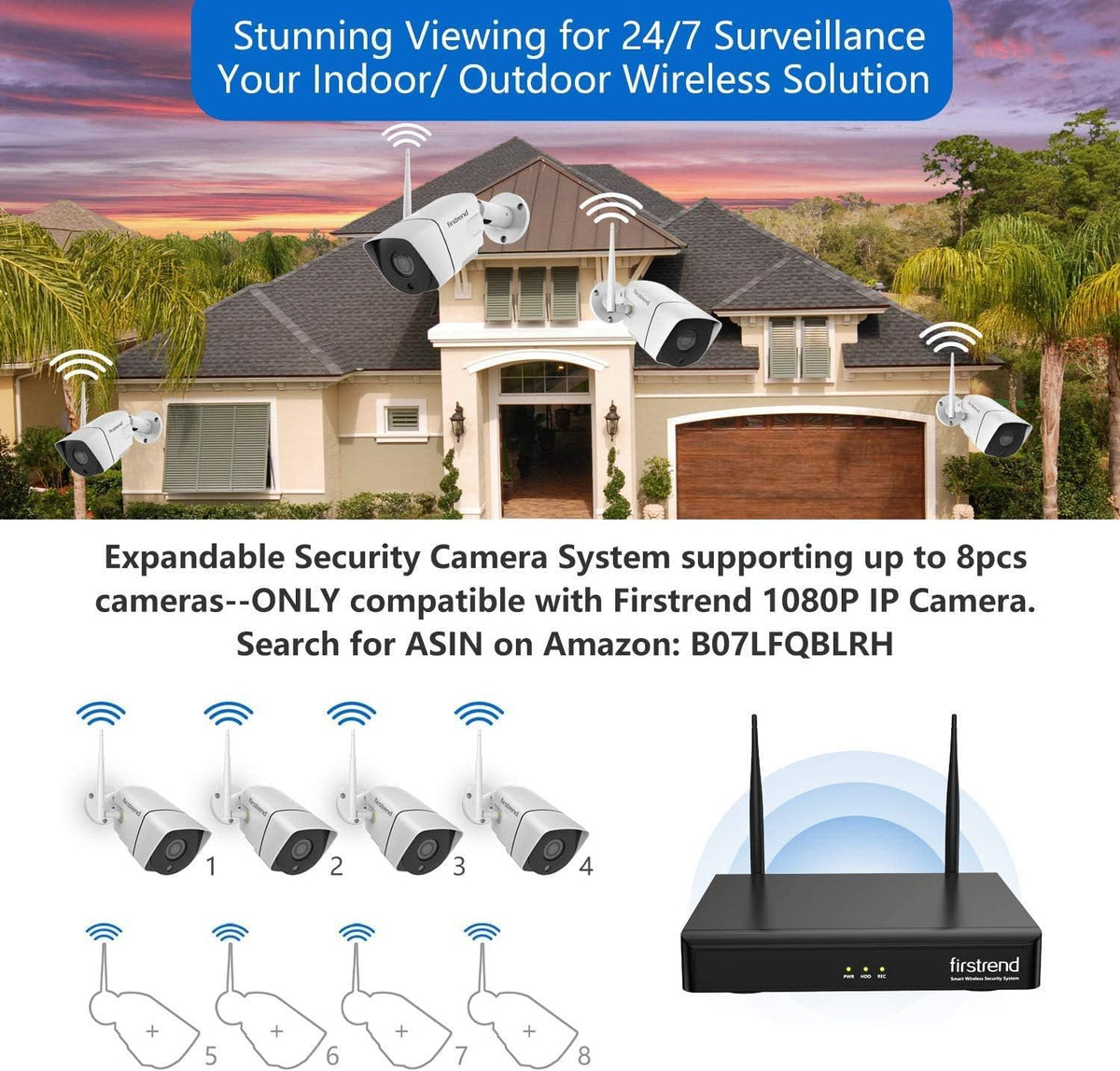 Wireless Security Camera System 8CH 1080P with 4pcs 1.3MP IP Camera N268