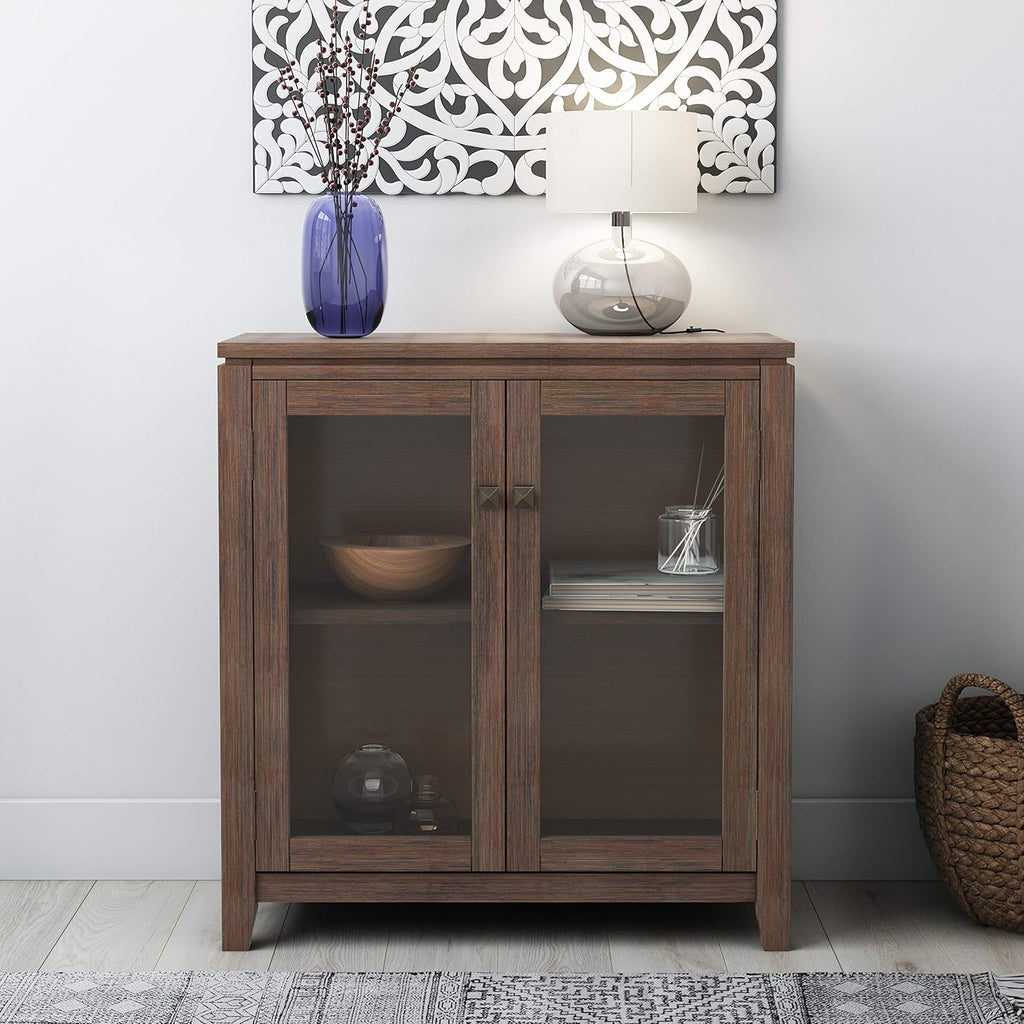 Farmhouse Brown 30 inch Wide Low Storage Cabinet with 2 Tempered Glass Doors R676