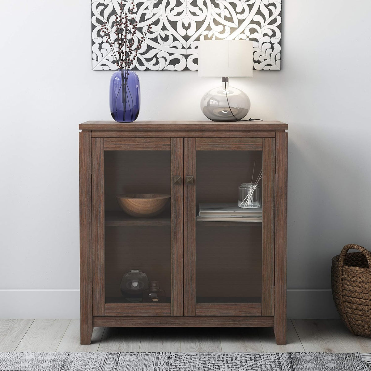 Farmhouse Brown 30 inch Wide Low Storage Cabinet with 2 Tempered Glass Doors R676