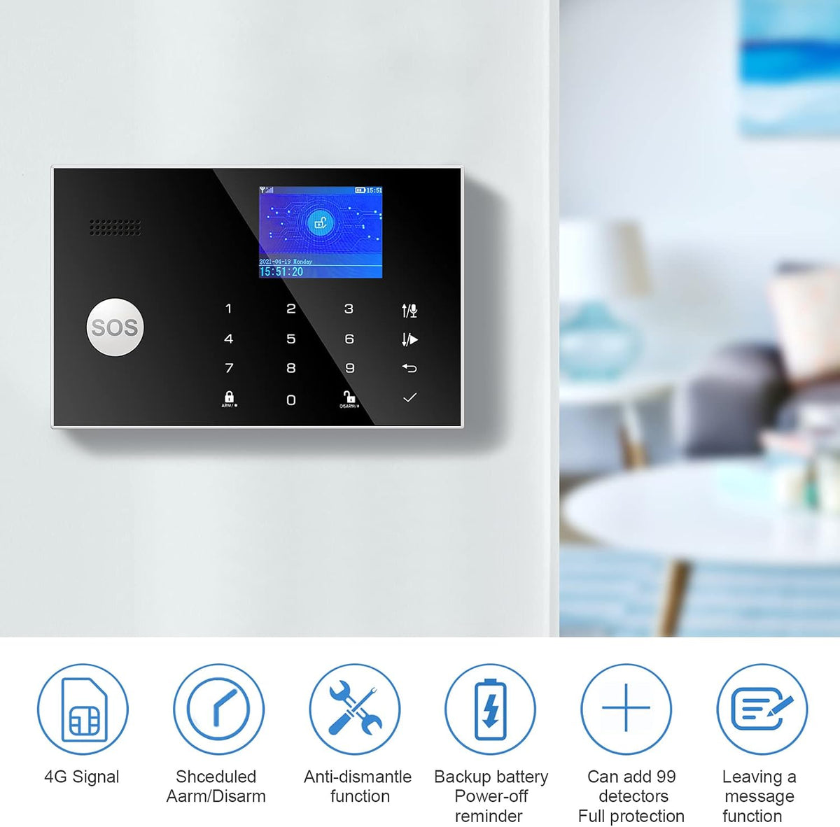 4G/3G GSM Wireless Burglar Alarm 10 Piece Kit with LED Screen Y36111