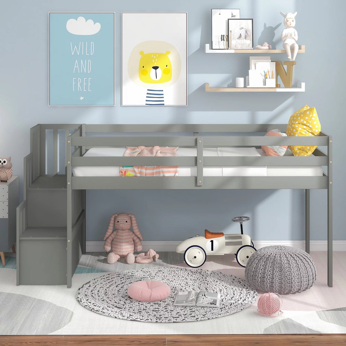 Gray Wood Low Loft Bed Frame with Storage and Stairs U876382