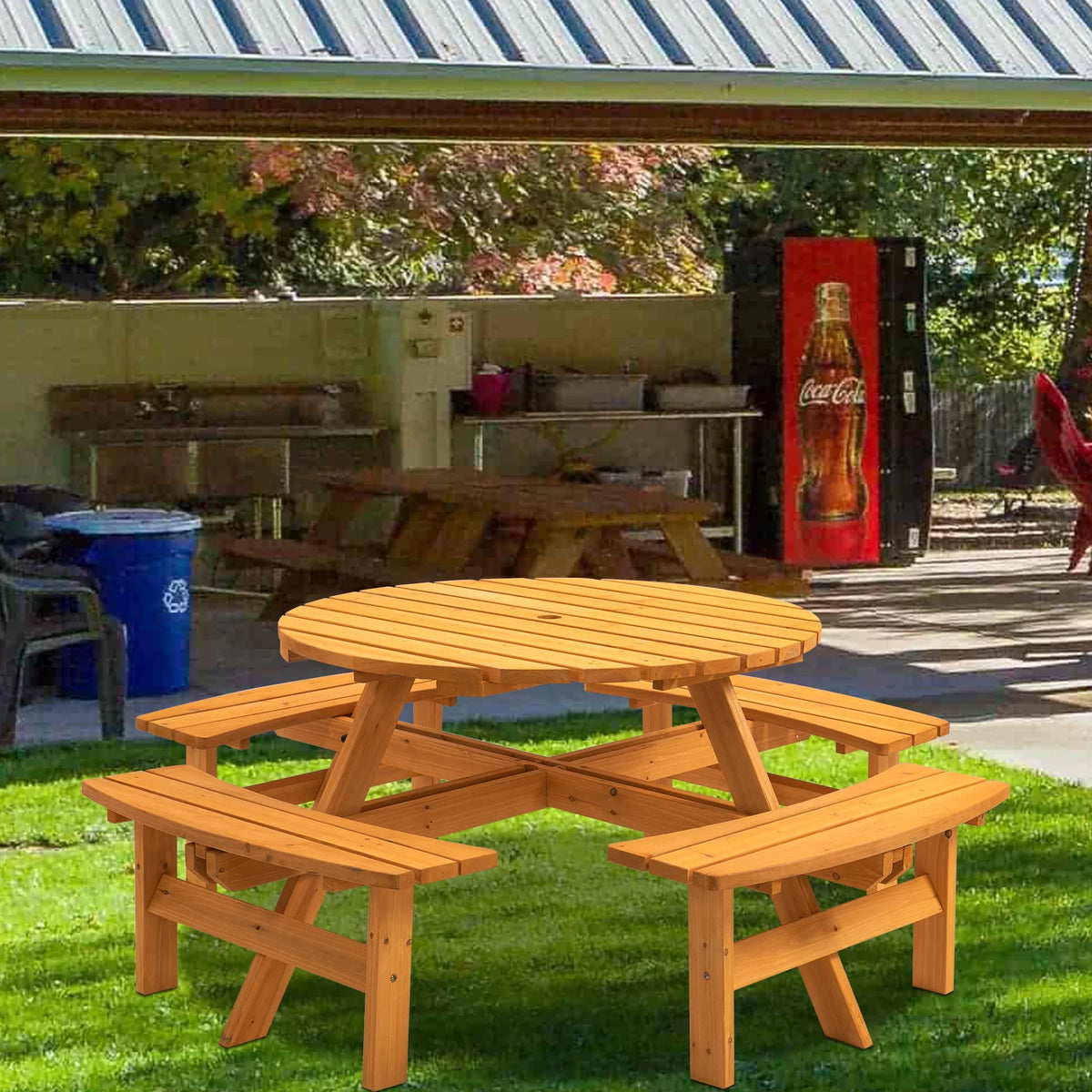8-Person Wooden Picnic Table with 4 Built-in Benches Z36038