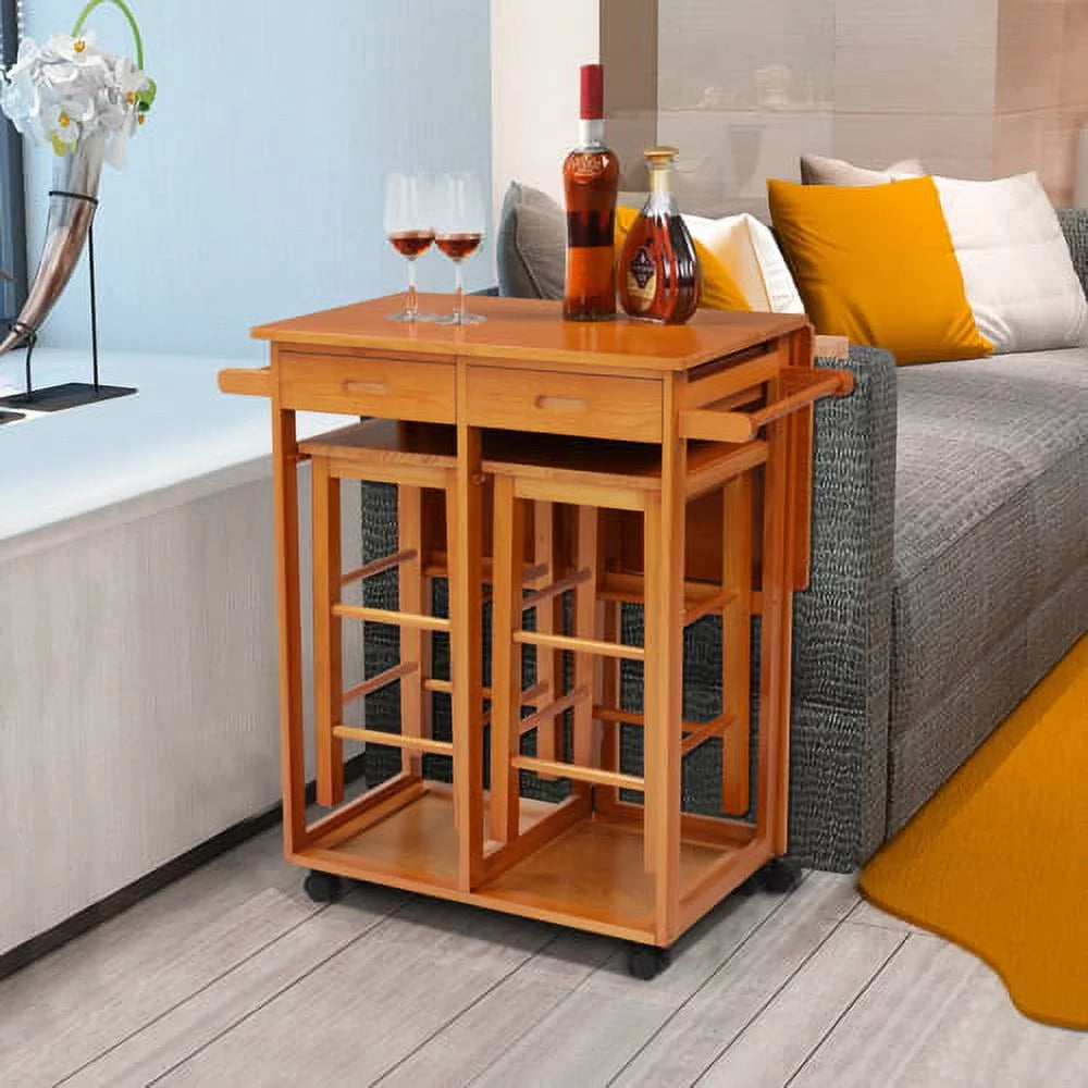 Solid Wood Foldable Kitchen Island with Stools Q848113