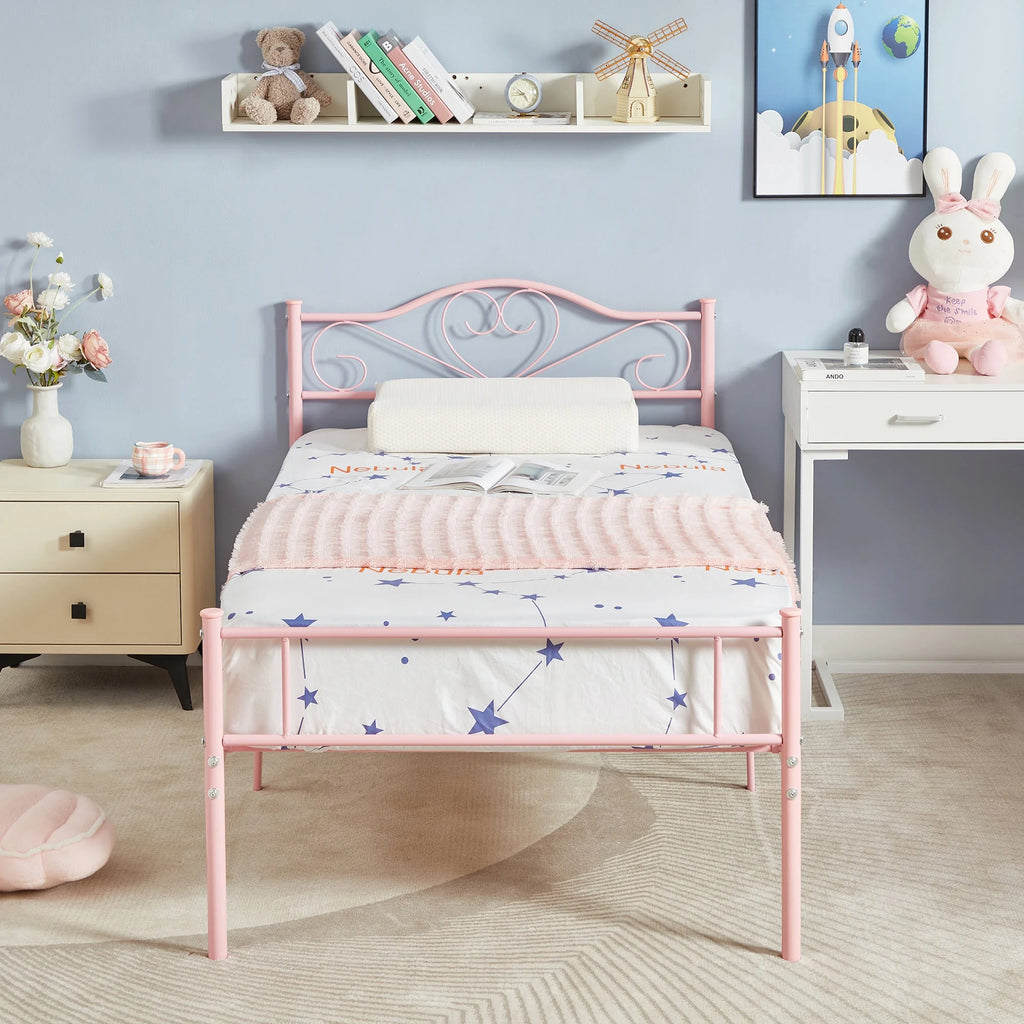 Set of 2 Twin Size White Metal Platform Bed Frame with Headboard W40442