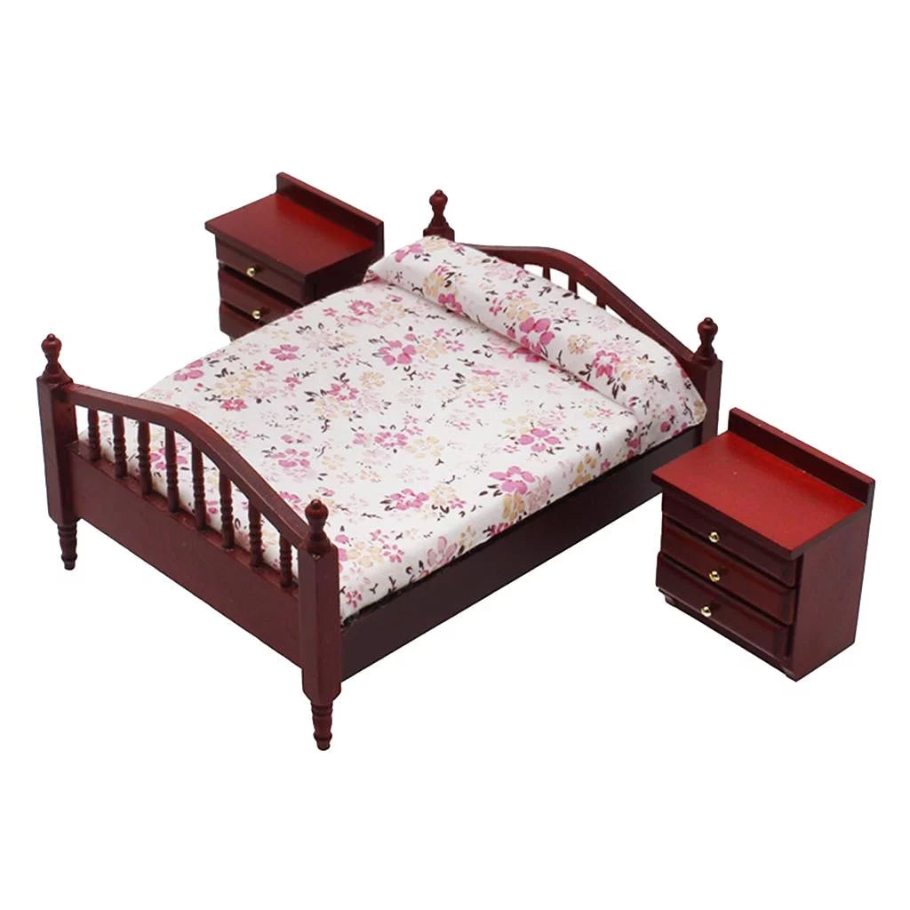 1/12 Scale Miniature Dollhouse Furniture Bed Night Table Brown Set H749